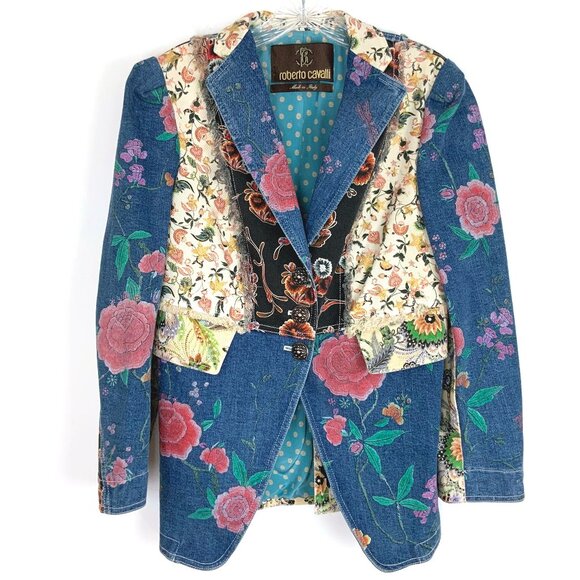 Roberto Cavalli Jackets & Blazers - Roberto Cavalli Denim Patchwork Luxury Boho Glam Jacket Italy Sz 46(10-12)